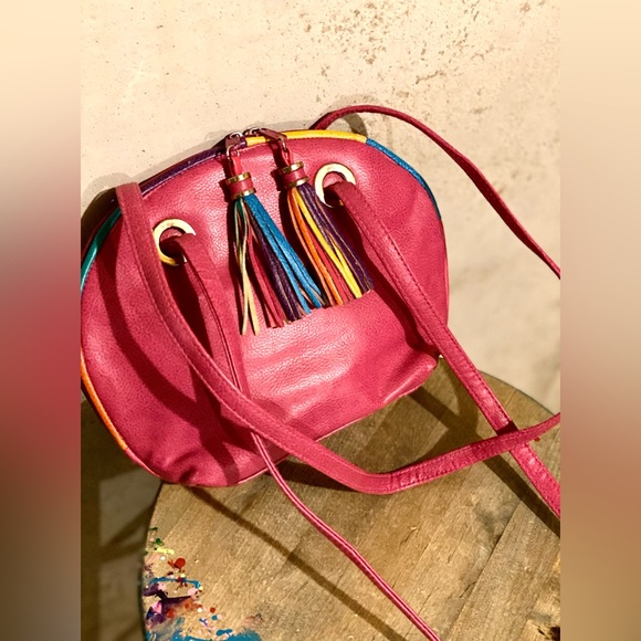 80s Pink Leather Shoulder Bag Handbag Retro with tassels on zipper - Picture 4 of 14